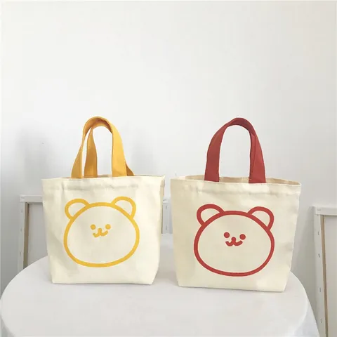 Mini Bolso De Lona Con Estampado De Oso De Dibujos Animados Lindo Bolso De Mano Portátil Estilo Coreano Para Mujeres Estudiantes Uso Diario