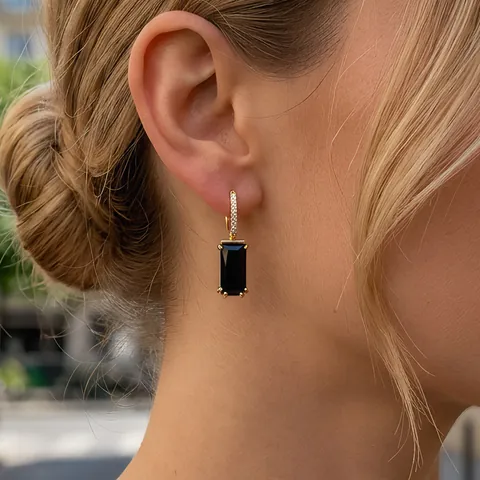 Orecchini Pendenti In Rame Placcato Oro 18K Zirconia Occhio Di Tigre Agata Nera Cerchi Geometrici Gioielli Donna