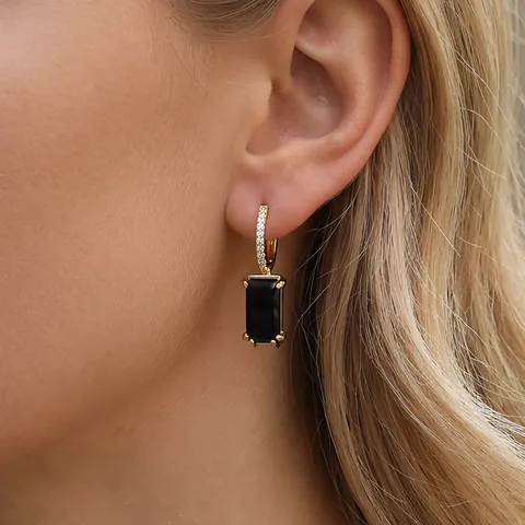 Orecchini Pendenti In Rame Placcato Oro 18K Zirconia Occhio Di Tigre Agata Nera Cerchi Geometrici Gioielli Donna