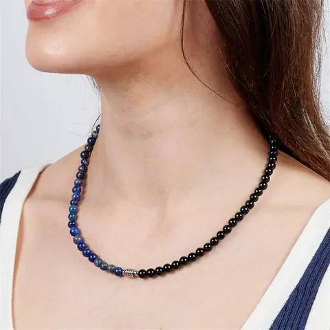 Men Stainless Steel Beaded Necklace Natural Black Obsidian Lapis Lazuli Tiger Eye Stones Handmade Minimalist Fashion Jewelry Necklace