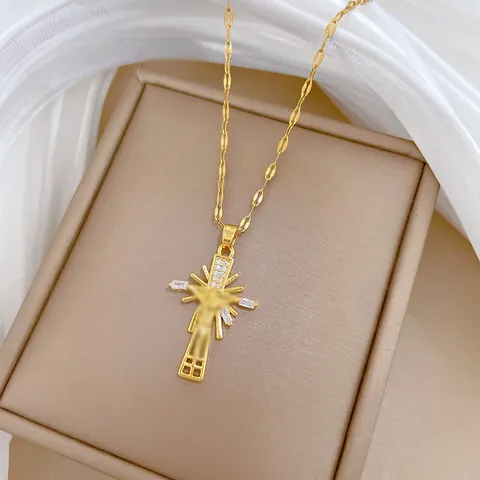 Cross Pendant Necklace With Jesus Portrait Gold Plated Titanium Steel Copper Zircon Micro Inlaid Religious Jewelry For Women