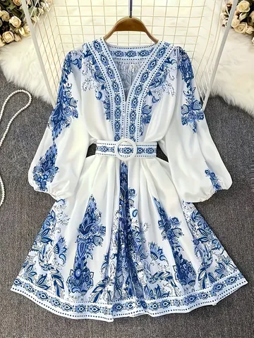 Women's Bohemian V-Neck Long Sleeve Midi Dress With Belt Lantern Sleeve Paisley Floral Print Elegant Polyester Summer Outfits