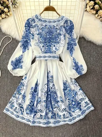 Women's Bohemian V-Neck Long Sleeve Midi Dress With Belt Lantern Sleeve Paisley Floral Print Elegant Polyester Summer Outfits