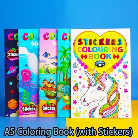 Libro de Colorear A5 para Niños Con Pegatinas Dibujos Animados Unicornio Dinosaurio Espacio Océano Animales Temas DIY