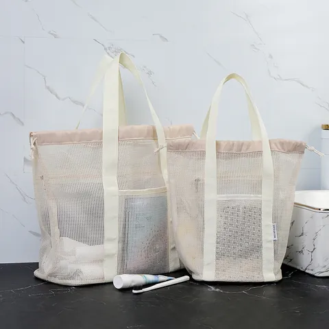 Large Capacity Mesh Beach Bag Multi Pocket Toiletry Bag Dry Wet Separation Drawstring Shower Bag For Travel Swimming Women Organizer