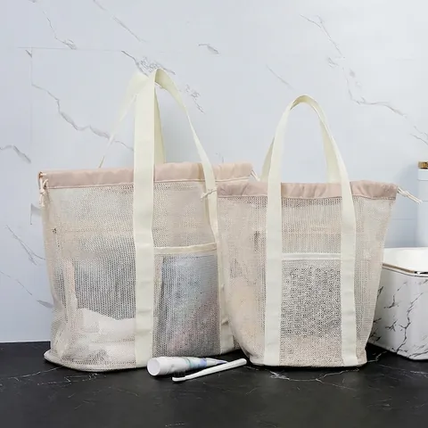 Bolso de Playa de Malla Gran Capacidad Multibolsillos Neceser Separación Seco Húmedo Bolsa de Ducha con Cordón para Viajes Natación Organizador Mujer