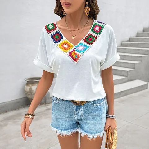 Maglietta Etnica Bohémien da Donna Scollo a V Uncinetto Colorato Patchwork Manica a Pipistrello Corta Bianca Estate Top Casual