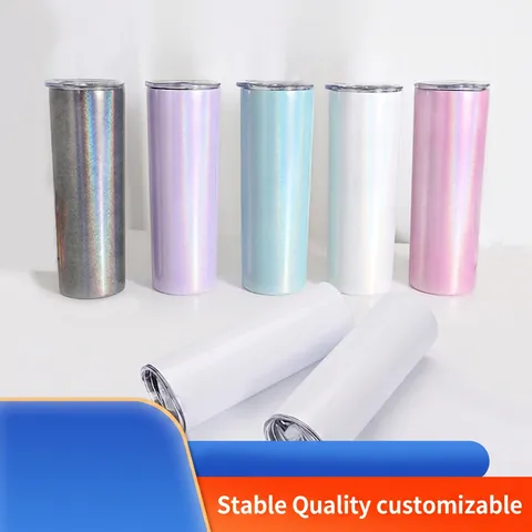 Stainless Steel Skinny Straight Tumbler Vacuum Insulated Water Cup With Push Lid And Straw Sublimation Rainbow Glitter Travel Mug