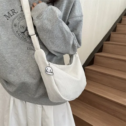 Women Corduroy Crossbody Bag Japanese Style Casual Dumpling Shape Shoulder Bag With Cartoon Puppy Charm Solid Color Daily Zipper Bag