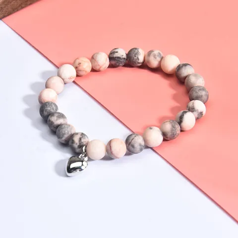 Natural Stone Beaded Bracelet Pink Zebra Agate Heart Charm Elastic Rhinestone Inlaid Fashion Jewelry For Women