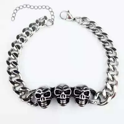 Bracciale da Uomo Punk Vintage con Tre Teschi in Lega Maglia Cubana Gothic Rock Streetwear Argento Invecchiato Gioielli Regalo