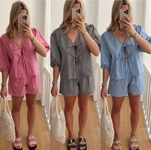 Dames Casual Gingham Set Met V-hals Strikband Top En Shorts Zomer Katoenen Geblokte Tweedelige Set