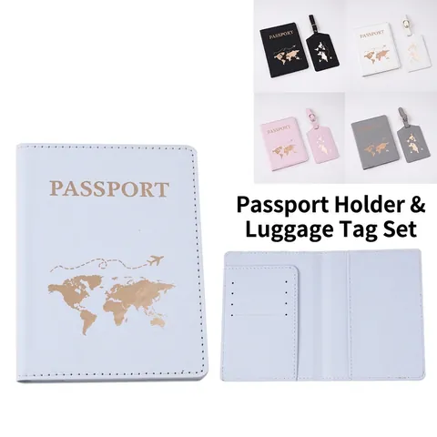 PU Leather Passport Holder And Luggage Tag World Map Plane Embossed Travel Document Wallet Case For Men Women Gift