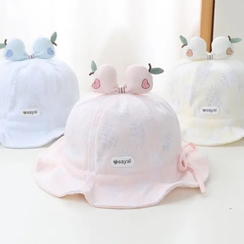 Cappello da Pescatore in Cotone per Neonato Protezione Solare Con Motivo Ananas Orecchie 3D Ricamo Cuore Cinturino Sottogola