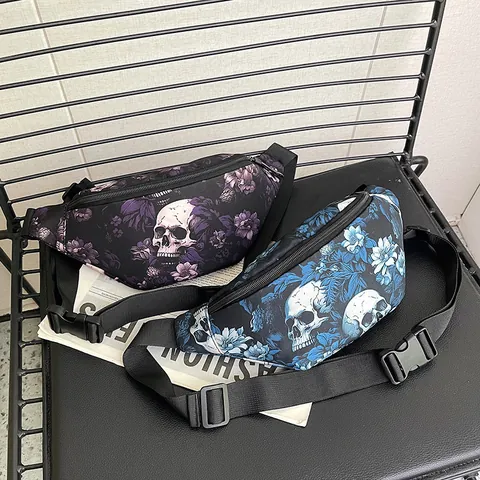 Dames Gotisch Schedel Bloemen Print Heuptas Nylon Borsttas Crossbody Fanny Pack Halloween Streetwear Tas