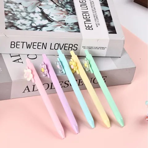 Flower Decoration Retractable Gel Pen 0.5mm Black Ink Macaron Color Push Type Student Office Writing Stationery Pen