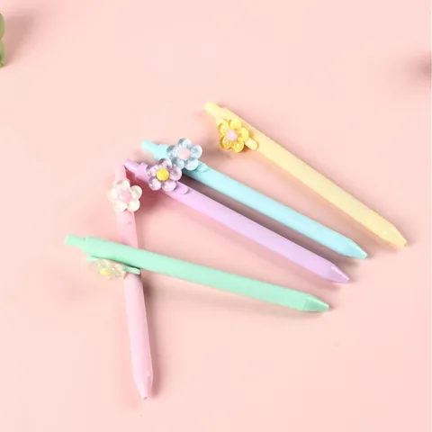 Flower Decoration Retractable Gel Pen 0.5mm Black Ink Macaron Color Push Type Student Office Writing Stationery Pen