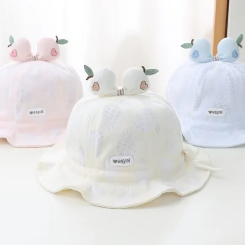 Cappello da Pescatore in Cotone per Neonato Protezione Solare Con Motivo Ananas Orecchie 3D Ricamo Cuore Cinturino Sottogola