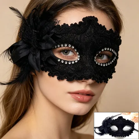 Elegant Lace Masquerade Mask With Feather Flower Rhinestone Half Face Princess Party Cosplay For Women Girls