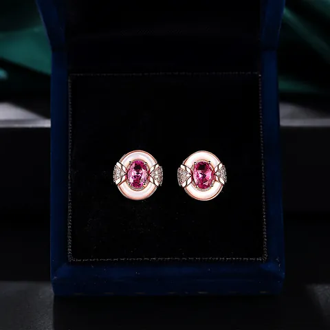Exquisitos Pendientes de Botón de Cobre Chapados en Oro Rosa Vintage Piedra Ovalada Rosa Perla Artificial Diamantes de Imitación para Mujer Joyería