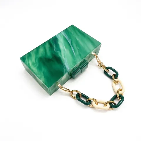 Green Marble Texture Acrylic Evening Bag With Chain Strap Rectangular Box Clutch For Women Party Wedding