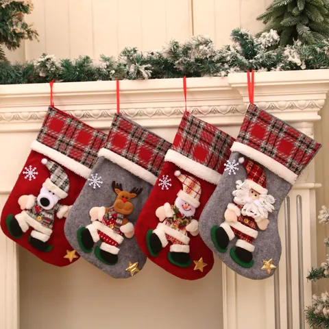 Large Christmas Stocking 3D Cartoon Doll Santa Snowman Reindeer Bear Plaid Felt Decorative Gift Bag Hanging Ornament