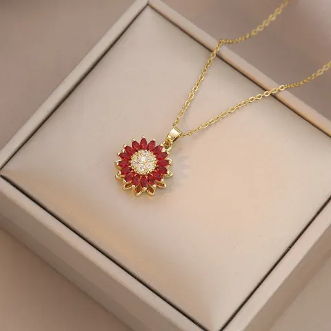 Rotierendes Sonnenblume Zirkonia Schmuckset Vergoldet Edelstahl Rote Blume Halskette Armband Ohrstecker Offener Ring Für Damen