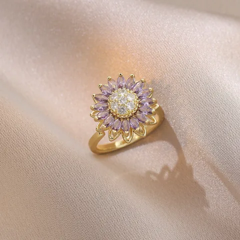 Rotating Sunflower Jewelry Set Stainless Steel Purple Zirconia Necklace Bracelet Ring Stud Earrings For Women Floral Jewelry