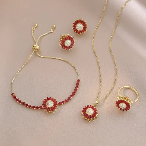 Rotierendes Sonnenblume Zirkonia Schmuckset Vergoldet Edelstahl Rote Blume Halskette Armband Ohrstecker Offener Ring Für Damen