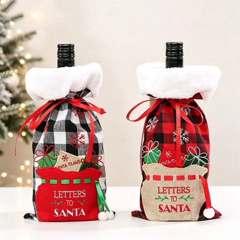 Christmas Wine Bottle Cover Plaid Fabric With Faux Fur Trim Embroidery Letters To Santa Drawstring Holiday Table Decor