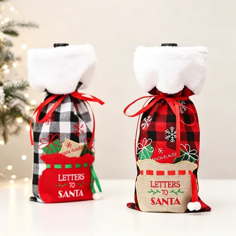 Christmas Wine Bottle Cover Plaid Fabric With Faux Fur Trim Embroidery Letters To Santa Drawstring Holiday Table Decor