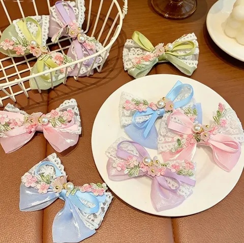 Pinzas Para El Cabello Infantiles Hechas A Mano Lazo De Encaje Con Flor Bordada Y Perla Artificial Estilo Dulce Para Niñas