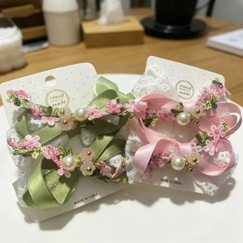 Pinzas Para El Cabello Infantiles Hechas A Mano Lazo De Encaje Con Flor Bordada Y Perla Artificial Estilo Dulce Para Niñas