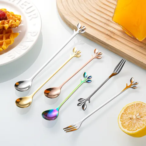 Cucchiaio Forchetta In Acciaio Inossidabile Forma Di Foglia Creativo Caffè Dessert Frutta Antipasto Vintage Elegante Multicolore