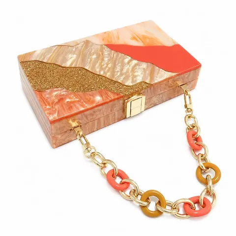 Bolso De Noche De Acrílico Textura De Mármol Purpurina Dorada Patchwork Bolso De Mano Rígido Con Cadena De Metal Desmontable