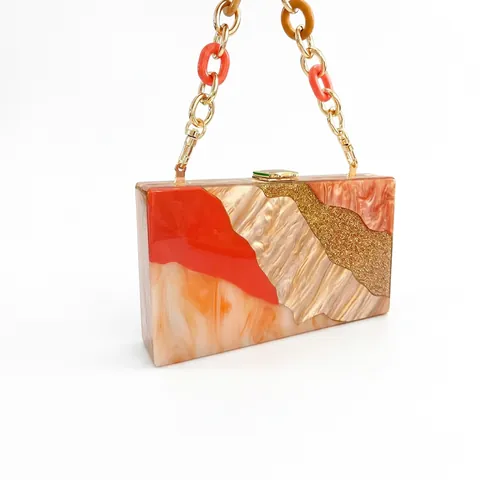 Bolso De Noche De Acrílico Textura De Mármol Purpurina Dorada Patchwork Bolso De Mano Rígido Con Cadena De Metal Desmontable