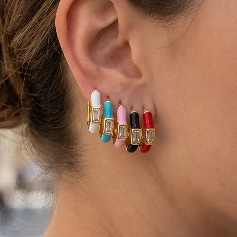 Minimalist Candy Color Enamel Hoop Earrings For Women Copper Gold Plated Rectangular Zirconia Huggie Earrings Fashion Jewelry