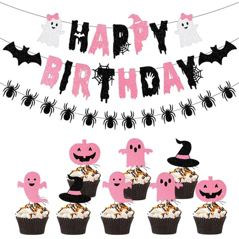 Decorazione Compleanno Halloween Fantasma Rosa Ragno Pipistrello Striscione Carta Glitterata Topper Torta