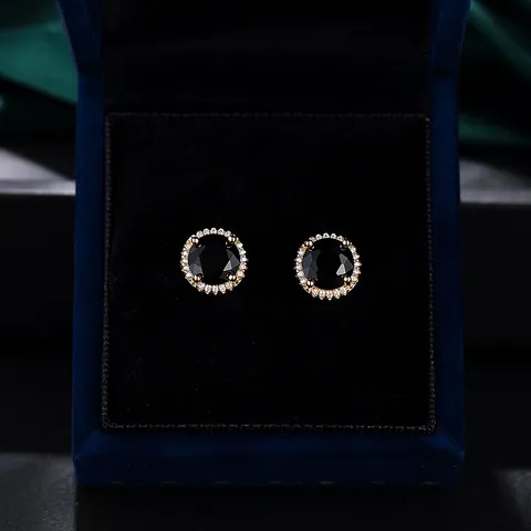 Luxe Ronde Zwarte Edelsteen Oorknopjes Voor Dames Verguld Koper Strass Halo Oorbellen Niche Mode Sieraden Cadeau
