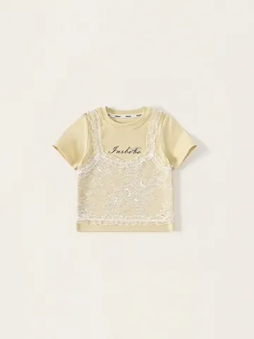 Γυναικείο Γλυκό Βαμβακερό T-Shirt με Κοντό Μανίκι με Δαντέλα Patchwork Ψεύτικο Δύο Κομμάτια Casual Letter Print Φιόγκος T-Shirt Παιδικά Ρούχα