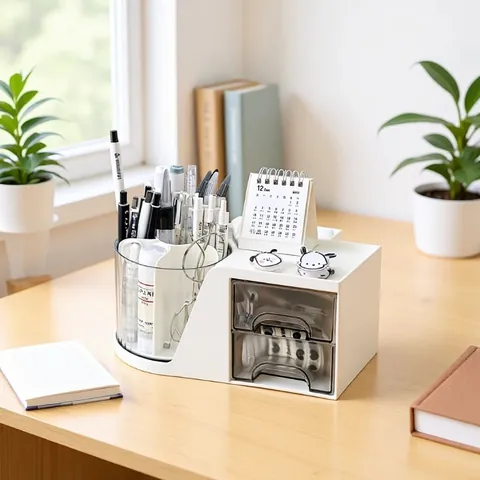 Rotating Pen Holder Desktop Organizer Plastic Stationery Storage Box With Transparent Drawers For Office School Supplies