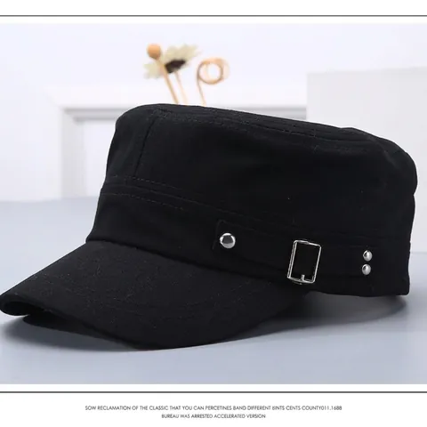 Unisex Cotton Flat Top Cadet Hat Adjustable Military Style Cap With Rivets Metal Buckle Solid Color Outdoor Sunshade Hat