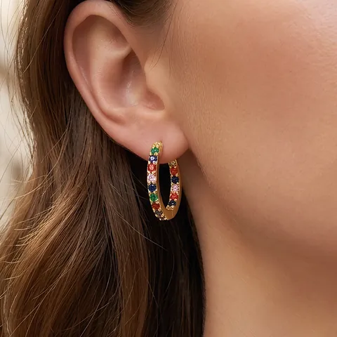 Rainbow Round Hoop Earrings For Women 18K Gold Plated Copper With Colorful Zircon Inlay And 925 Sterling Silver Earring Post