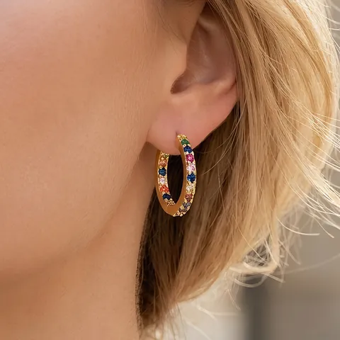 Rainbow Round Hoop Earrings For Women 18K Gold Plated Copper With Colorful Zircon Inlay And 925 Sterling Silver Earring Post
