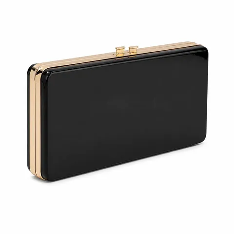 Glossy Black Acrylic Hard Shell Evening Clutch Bag With Gold Metal Frame And Chain Strap For Women Formal Party Luxury