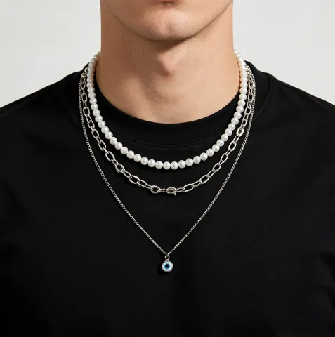 Collar De Varias Capas Para Hombre Con Imitación De Perla Artificial Blanca Alambre De Espino Plateado Y Colgante De Ojo Turco Azul