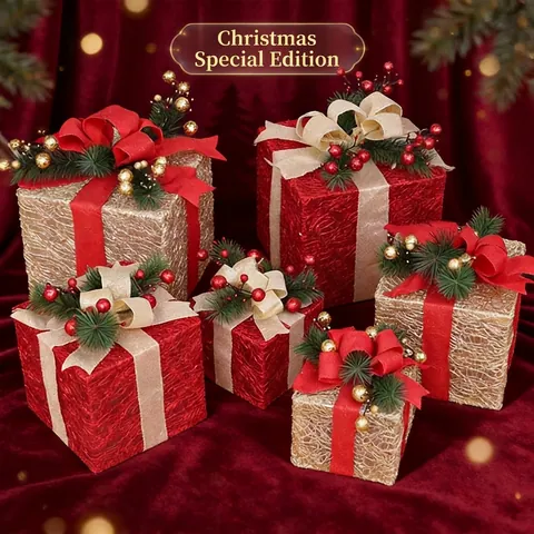 Cajas De Regalo Luminosas Navidad Decoración Malla Hierro LED Luces Con Lazo Aguja Pino Baya Adorno Festivo
