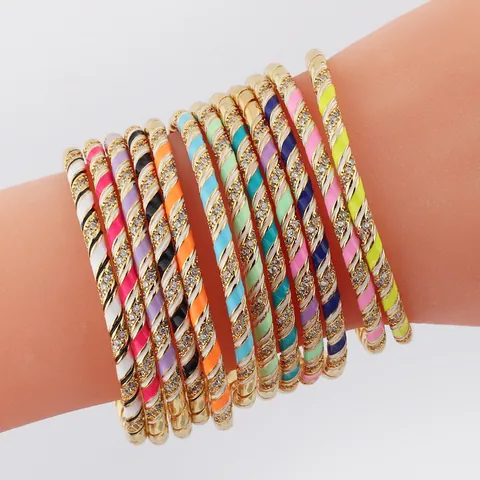 Bohemian Copper Gold Plated Enamel Rhinestone Open Bangle Bracelet For Women Twisted Spiral Rainbow Cuff Jewelry Gift