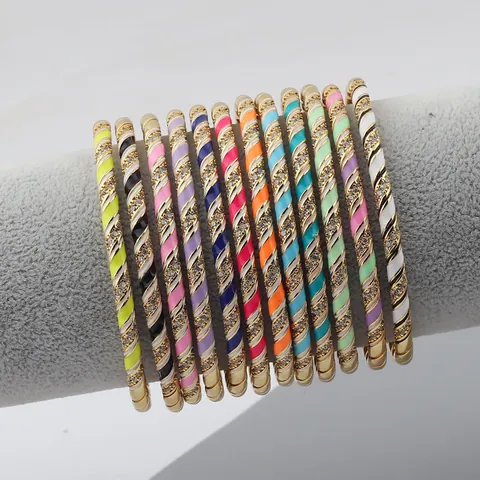 Bohemian Copper Gold Plated Enamel Rhinestone Open Bangle Bracelet For Women Twisted Spiral Rainbow Cuff Jewelry Gift