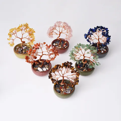 Crystal Money Tree Handmade Wire Wrapped Natural Stone Bonsai Ornament Ceramic Pot Desktop Decor Lucky Tree Of Life